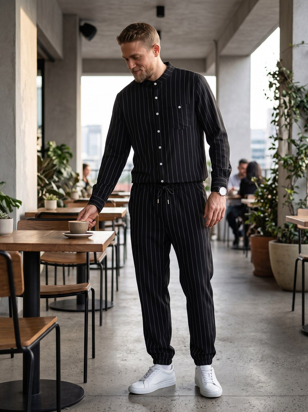 Men's striped long-sleeve shirt with a stand-up collar and trousers