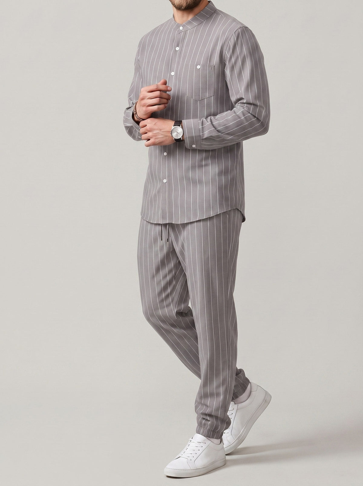Men's striped long-sleeve shirt with a stand-up collar and trousers