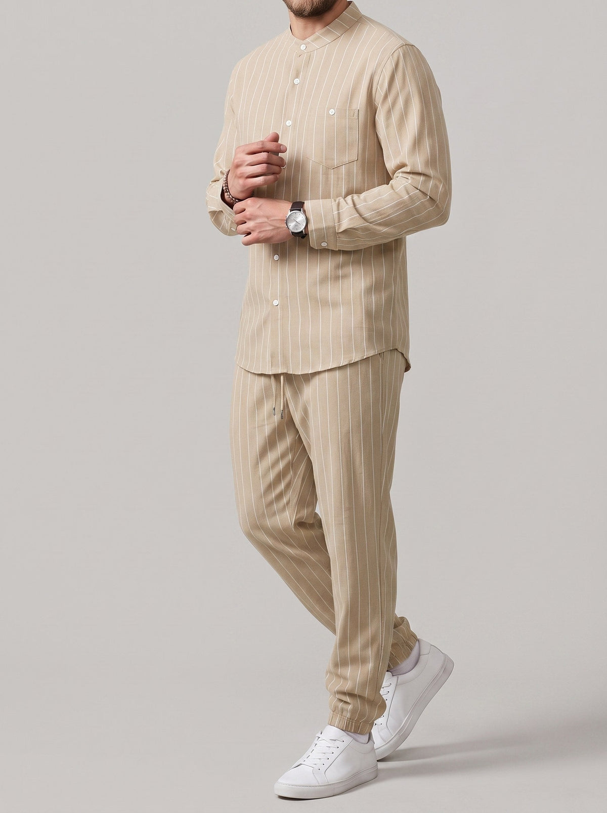 Men's striped long-sleeve shirt with a stand-up collar and trousers