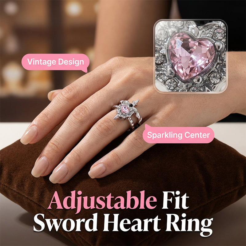 ⏳Time-Limited Special⏰Vintage Sword Piercing Heart Ring – Adjustable, Pink Rhinestone, Gothic Edge ⚔️