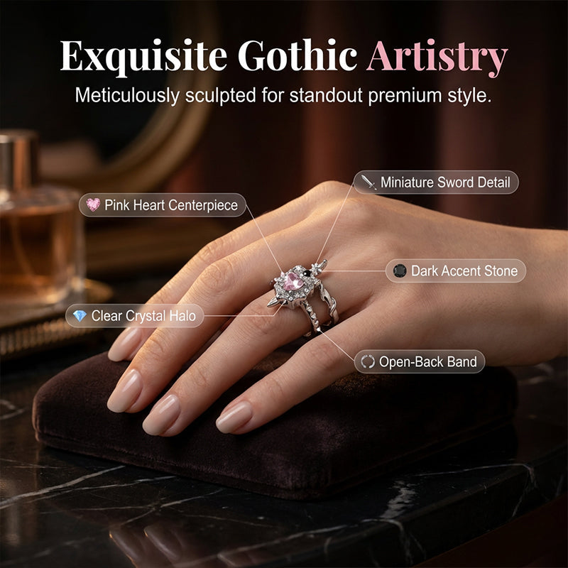 ⏳Time-Limited Special⏰Vintage Sword Piercing Heart Ring – Adjustable, Pink Rhinestone, Gothic Edge ⚔️