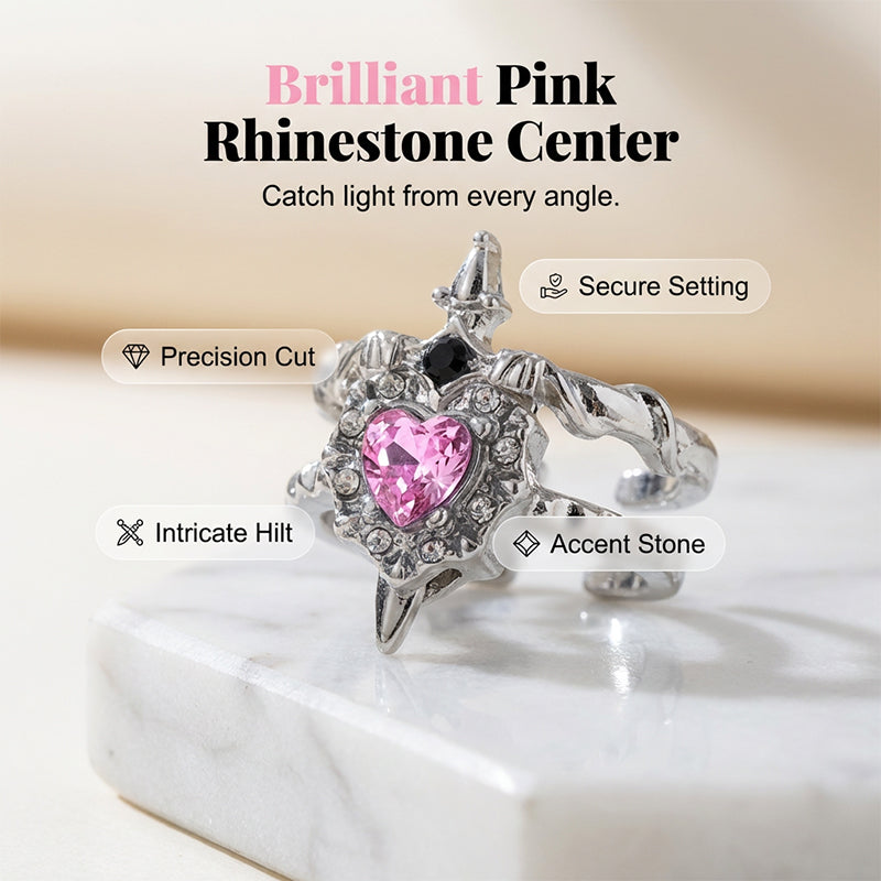⏳Time-Limited Special⏰Vintage Sword Piercing Heart Ring – Adjustable, Pink Rhinestone, Gothic Edge ⚔️