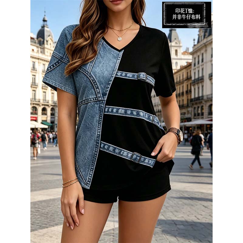 π Denim Print V-Neck Tee β Soft, Chic, Effortless Style π