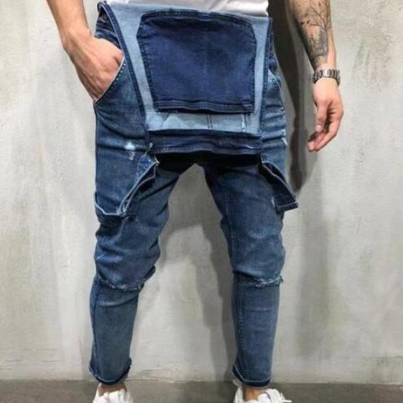 ๐Men's Denim Overalls Distressed Ripped Bib Jumpsuits
