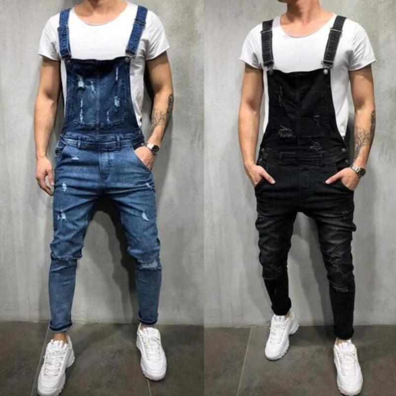 ๐Men's Denim Overalls Distressed Ripped Bib Jumpsuits