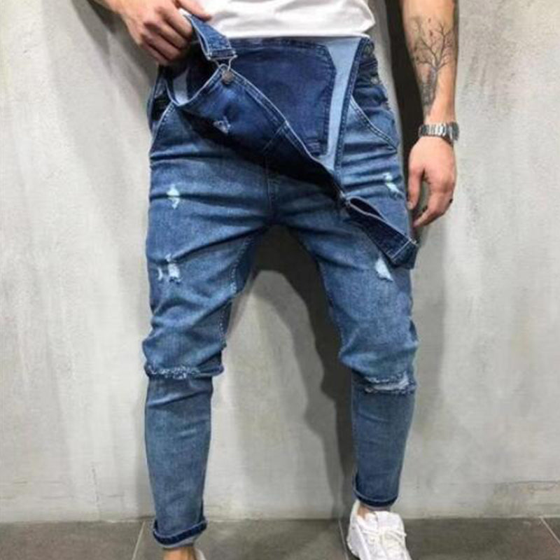 ๐Men's Denim Overalls Distressed Ripped Bib Jumpsuits