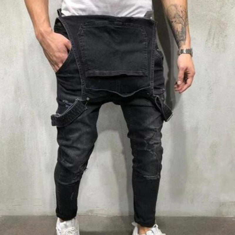 ๐Men's Denim Overalls Distressed Ripped Bib Jumpsuits