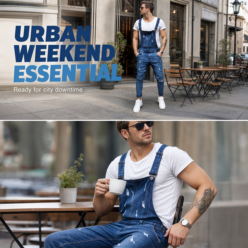 ๐Men's Denim Overalls Distressed Ripped Bib Jumpsuits