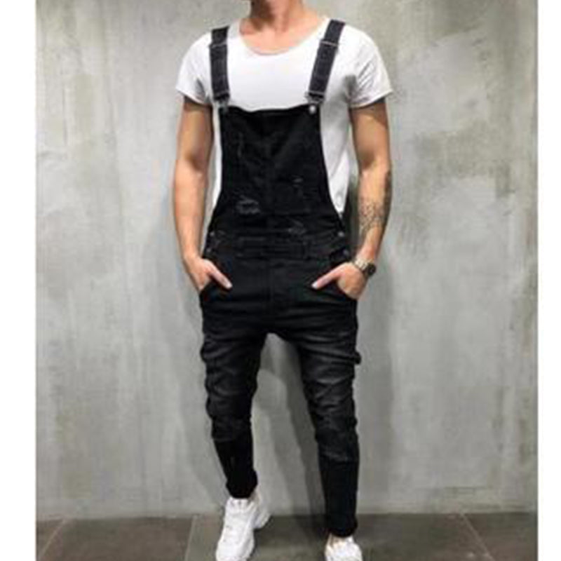 ๐Men's Denim Overalls Distressed Ripped Bib Jumpsuits