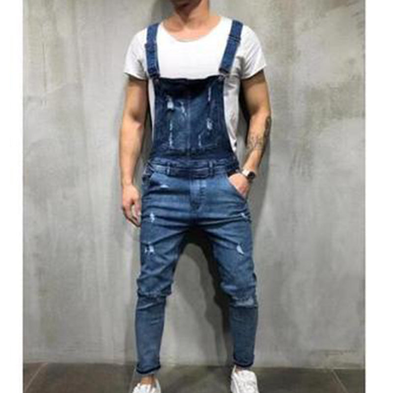 ๐Men's Denim Overalls Distressed Ripped Bib Jumpsuits