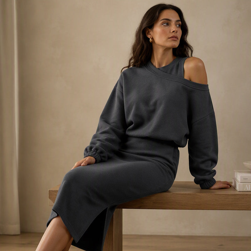 Women's Slanted Shoulder Sweatshirt & Sleeveless Dress Set