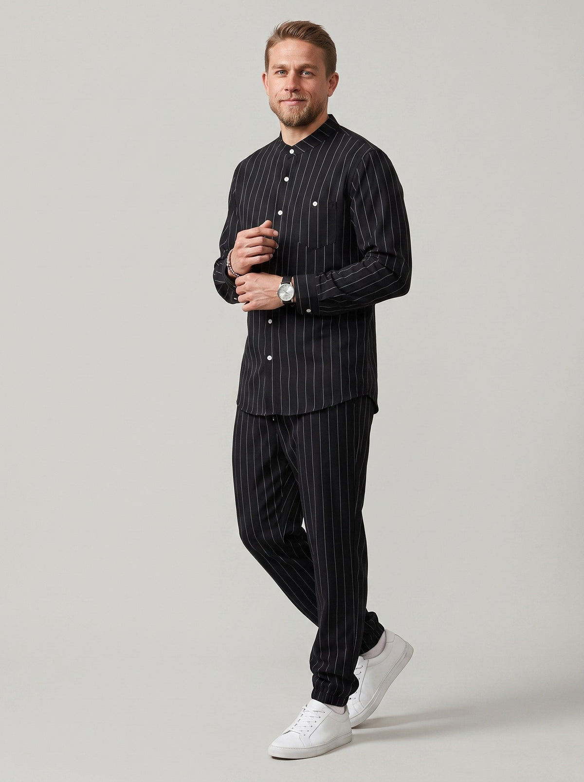 Men's striped long-sleeve shirt with a stand-up collar and trousers