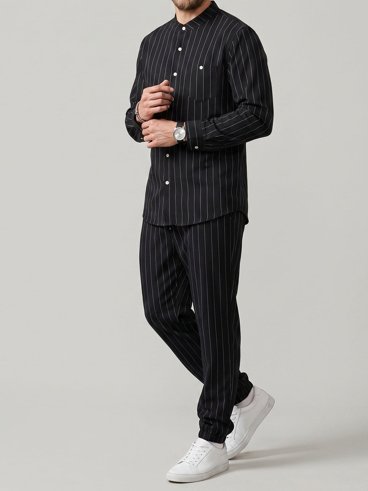 Men's striped long-sleeve shirt with a stand-up collar and trousers