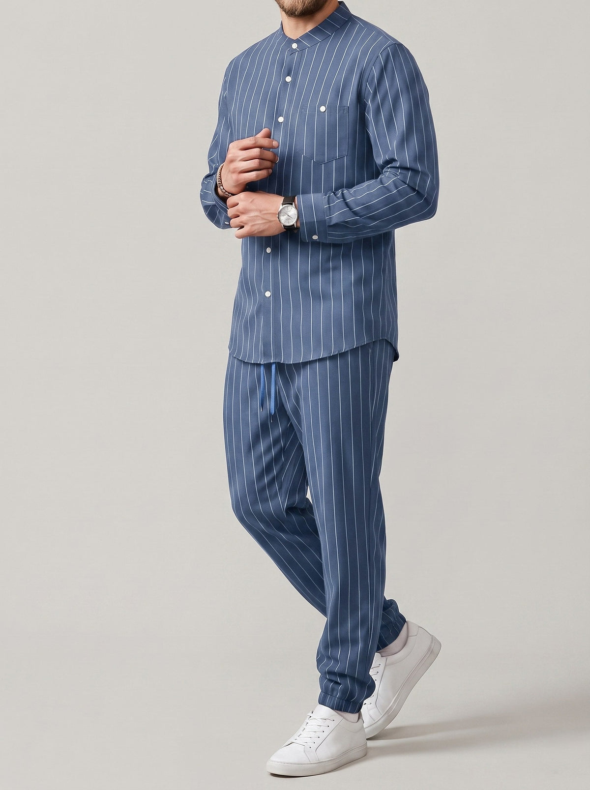 Men's striped long-sleeve shirt with a stand-up collar and trousers