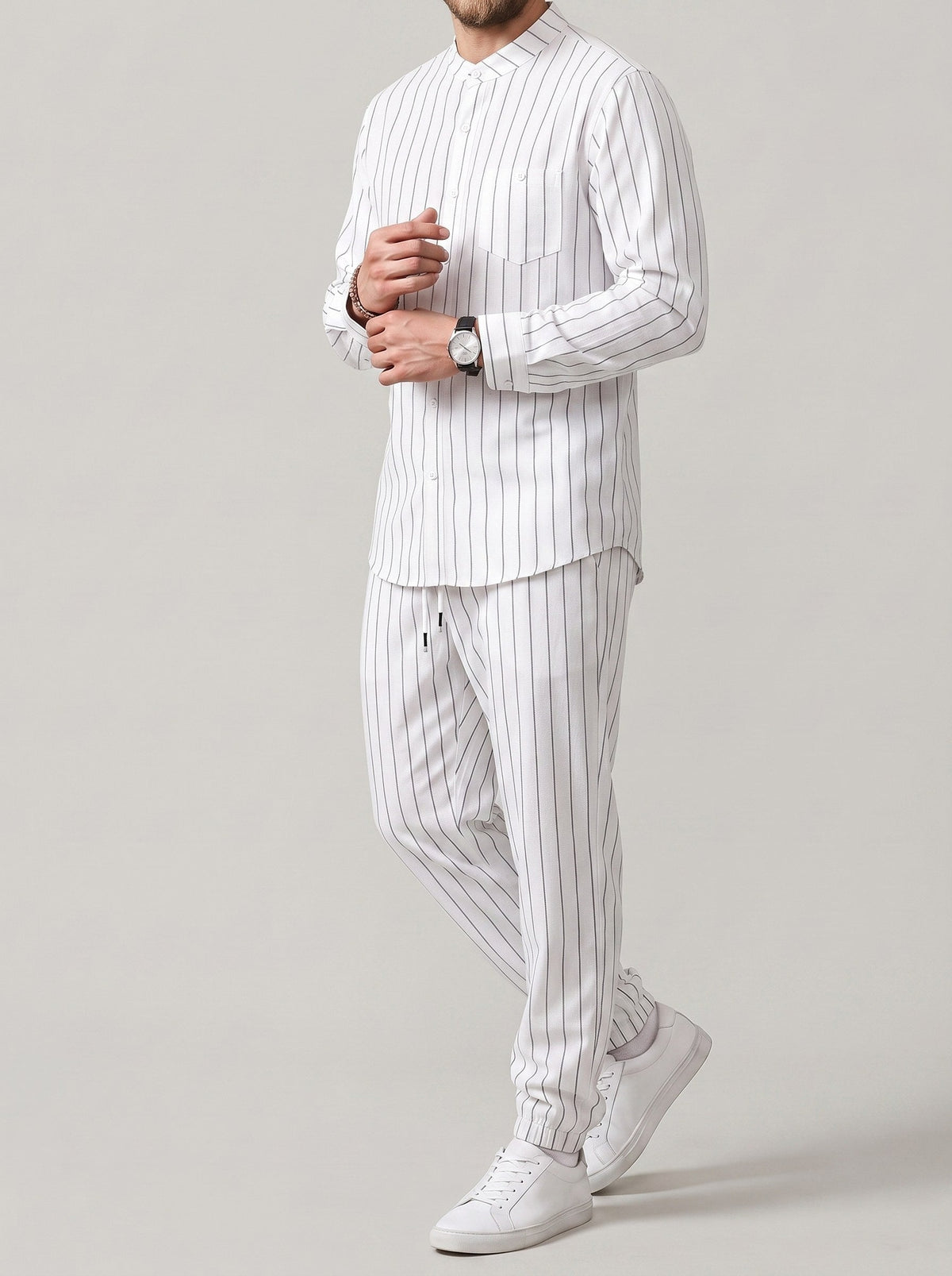 Men's striped long-sleeve shirt with a stand-up collar and trousers
