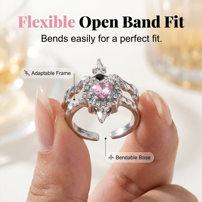 ⏳Time-Limited Special⏰Vintage Sword Piercing Heart Ring – Adjustable, Pink Rhinestone, Gothic Edge ⚔️