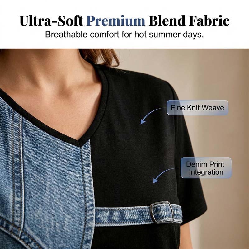 👕 Denim Print V-Neck Tee – Soft, Chic, Effortless Style 🌀