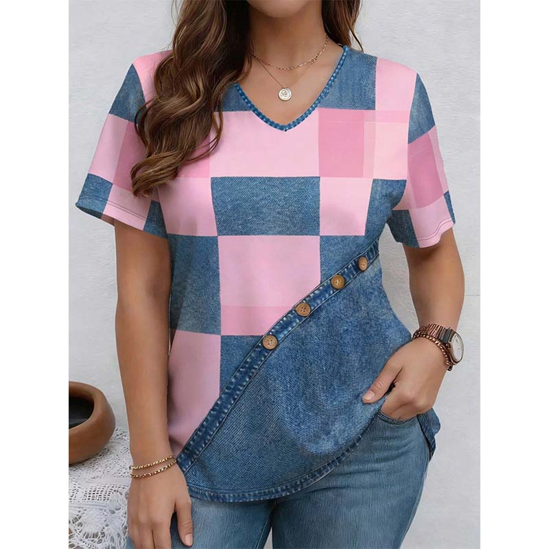 👕 Denim Print V-Neck Tee – Soft, Chic, Effortless Style 🌀