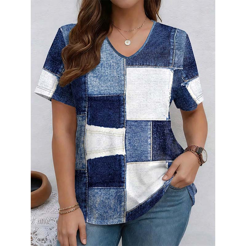 👕 Denim Print V-Neck Tee – Soft, Chic, Effortless Style 🌀
