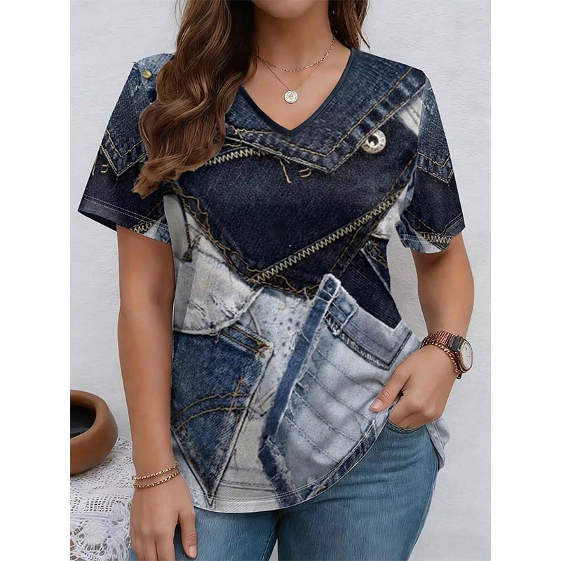 👕 Denim Print V-Neck Tee – Soft, Chic, Effortless Style 🌀