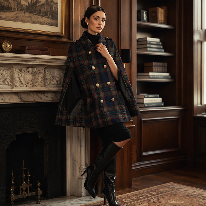 Women's Vintage Plaid Cape Coat
